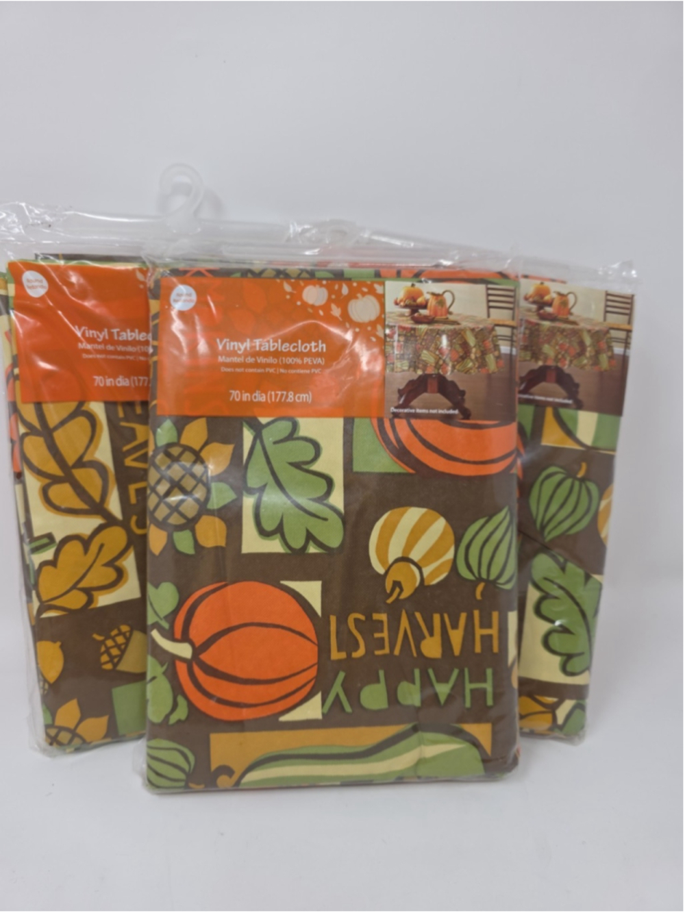 3 Fall Pumpkin Patchwork Vinyl Pattern Tablecloth Round 70in Thanksgiving Vtg